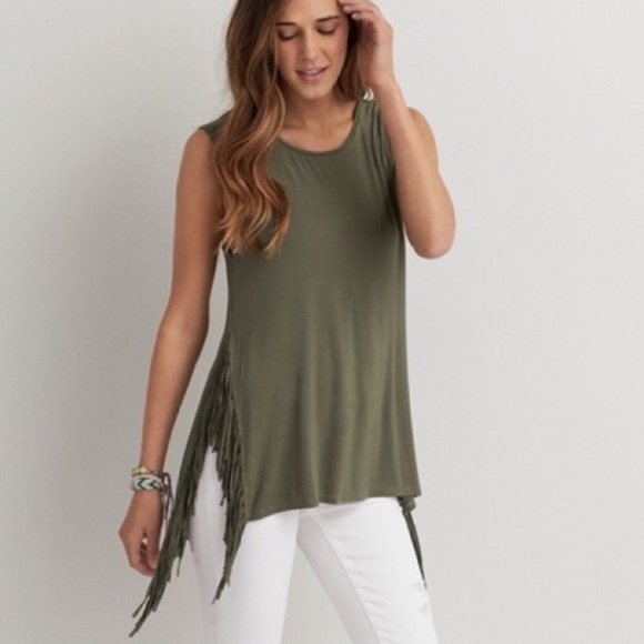 American Eagle Outfitters Tops - AEO Soft and Sexy Fringe Army Green Tank Top